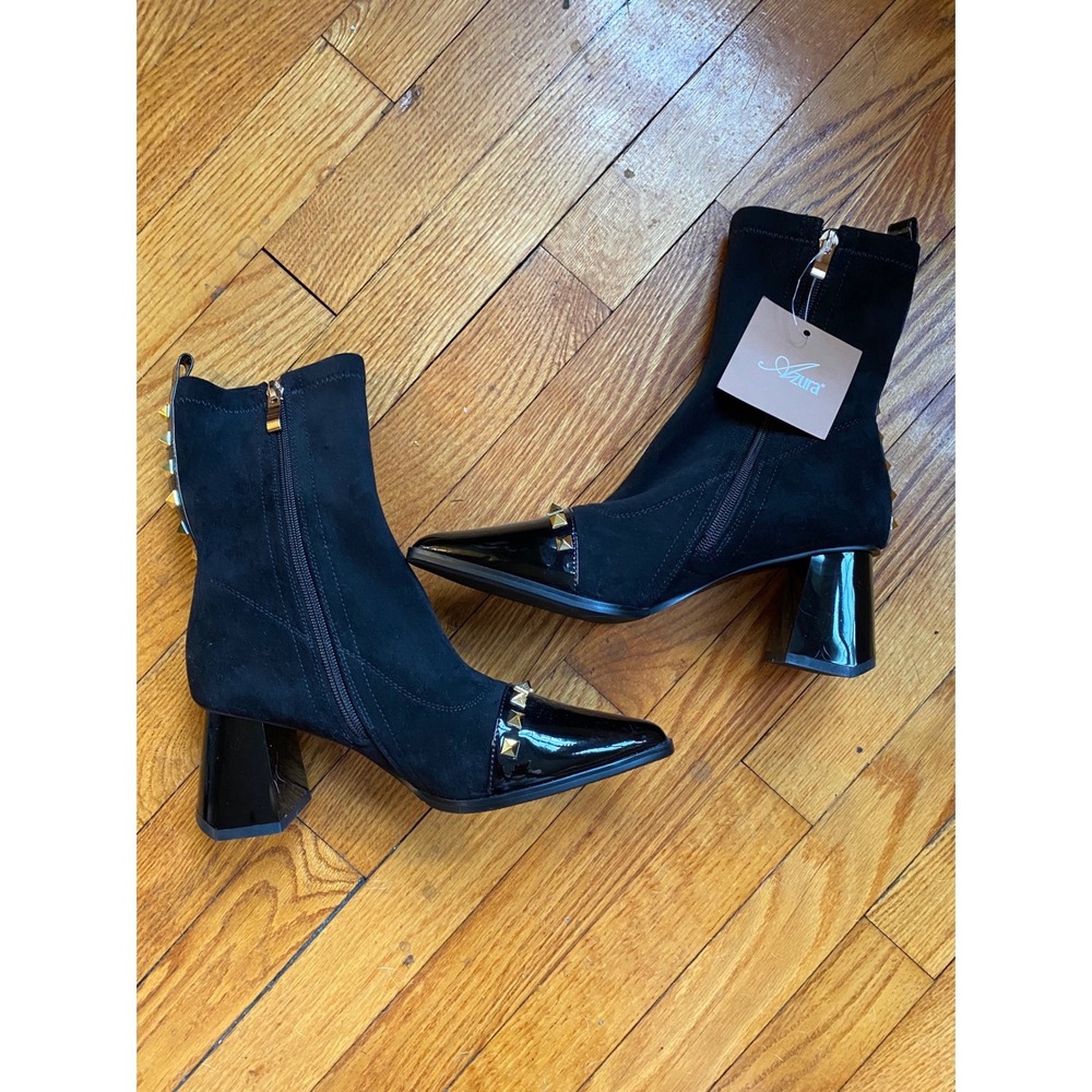 Azura L'Artiste Black Studded Ankle Boots Patent Pointed Toe Block Heel Size 37